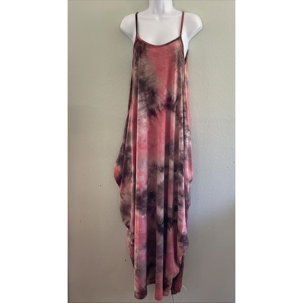Vintage 90s Pink Tie Dye Maxi Long Dress Festival Boho  Pockets Stretchy Boho M